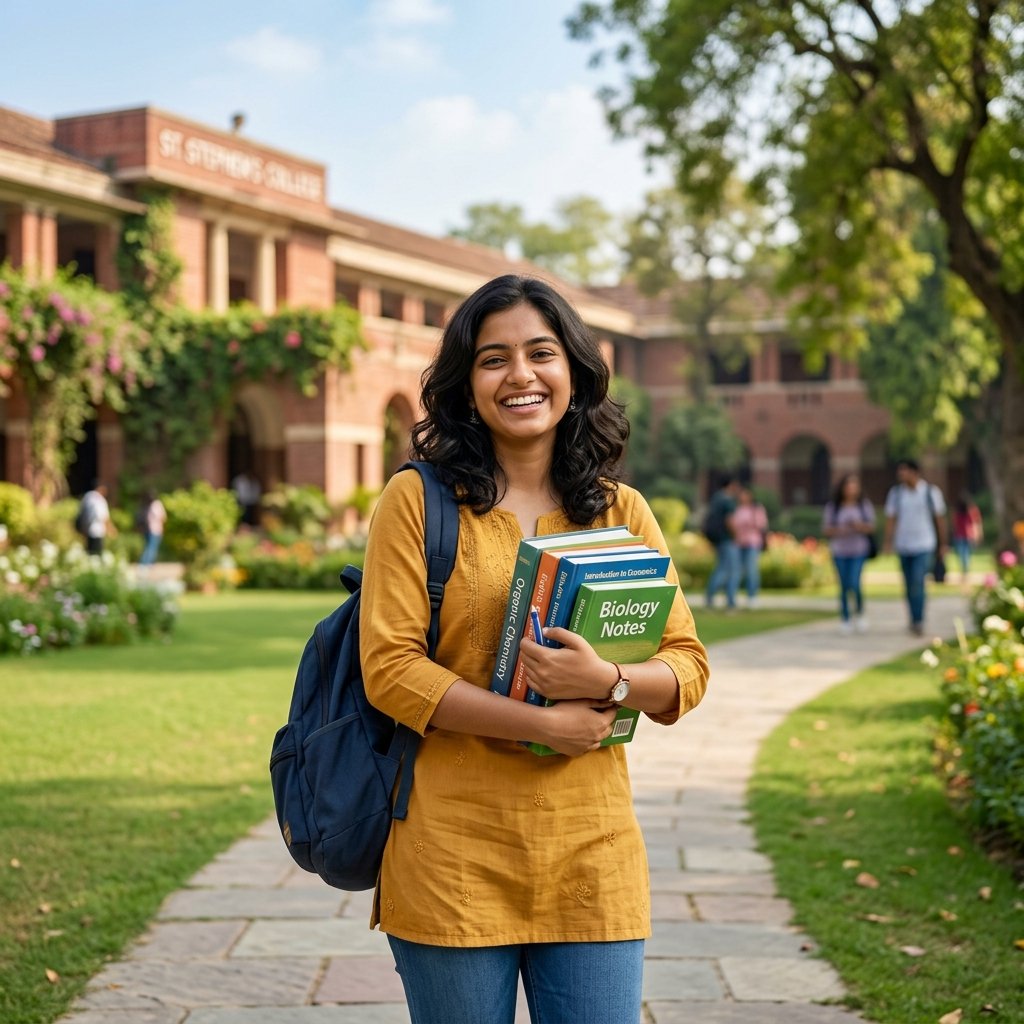 A happy young Indian college girl student standing on a beautiful green campus representing education loans